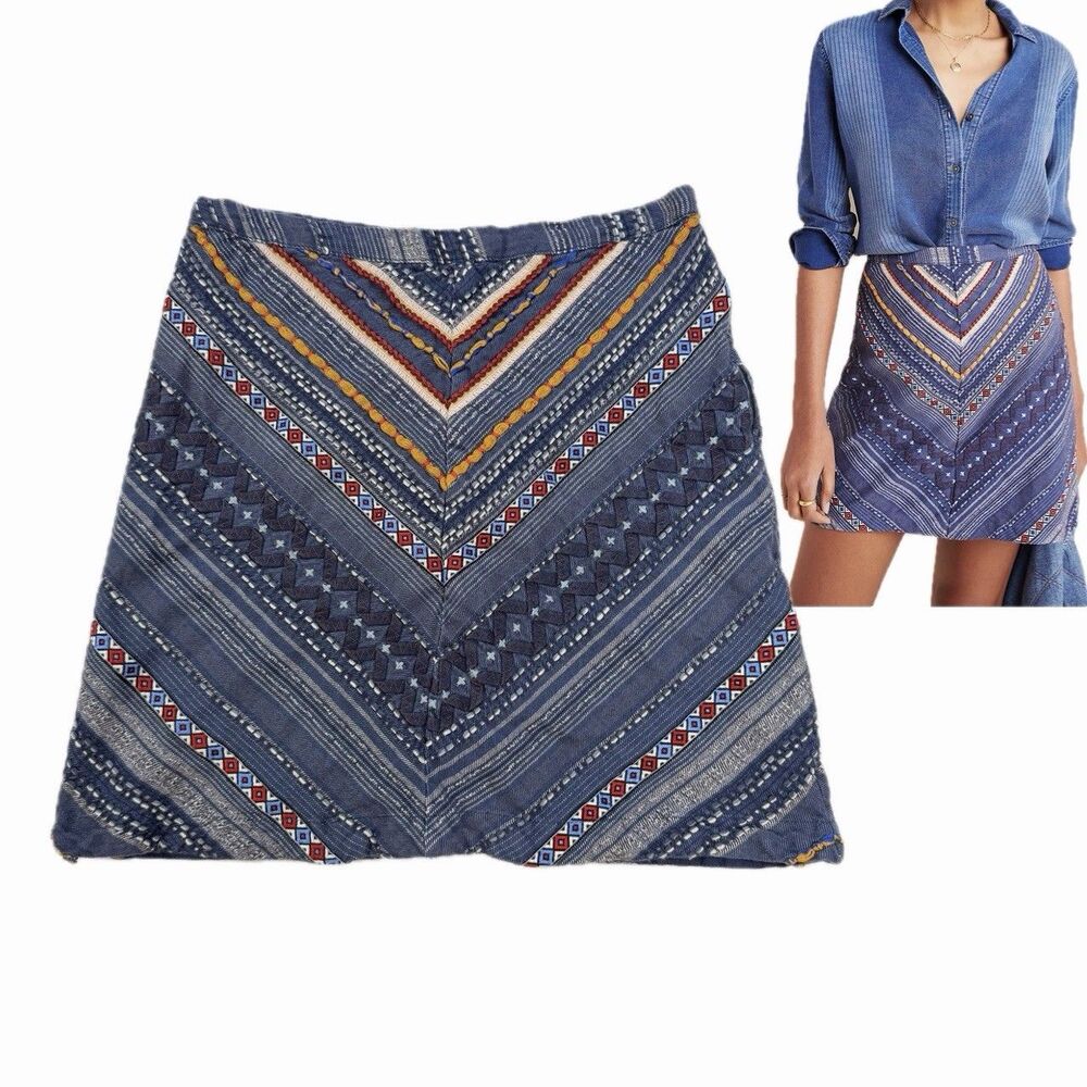Anthropologie Maeve Embroidered Denim Mini Skirt Sz 8 Blue Boho Festival Tribal
